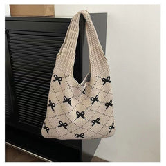 Bow Print Coquette Knitted Tote Bag