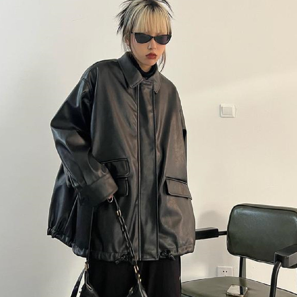 Oversized Black Faux Leather Jacket - fairypeony