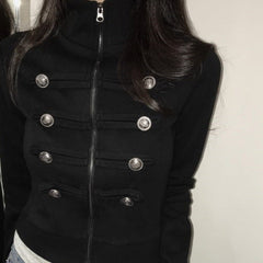 Stand collar military-style cropped zip jacket in black, front view