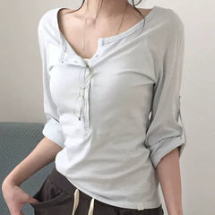 V-neck button henley tee in gray, front view