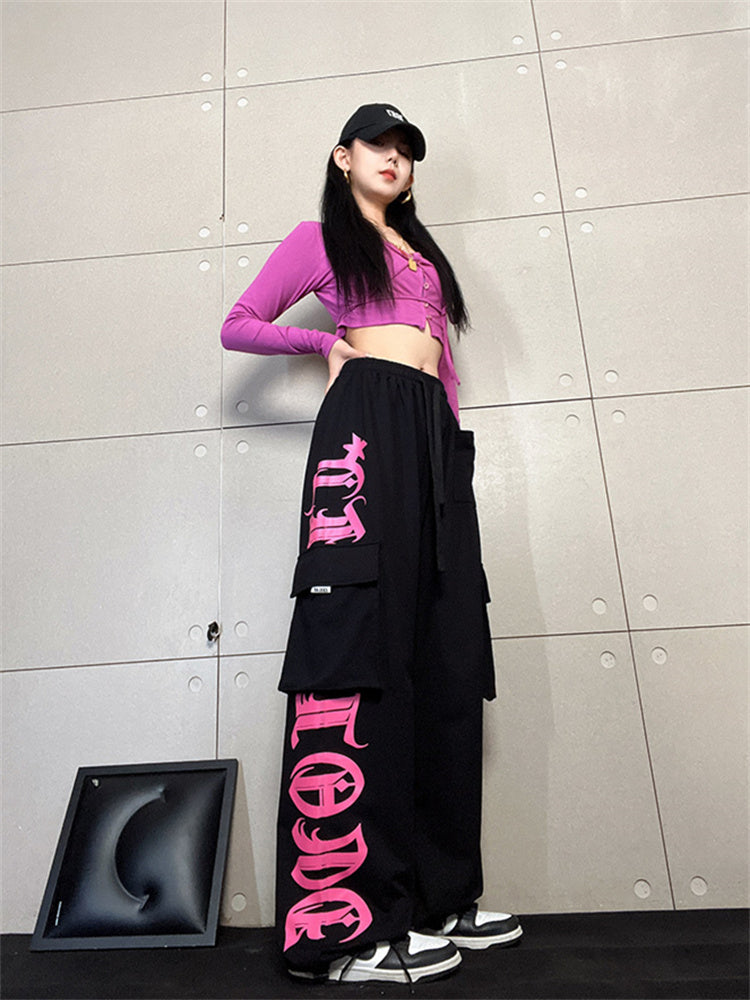 Gothic Letter Pocket Patch Wide Leg Sweatpants - fairypeony