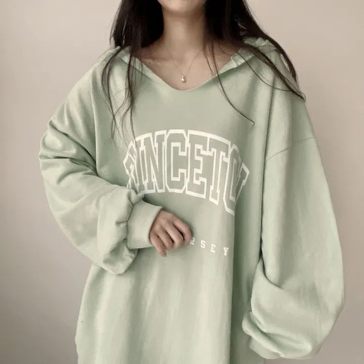 Letter Print Oversized Hooded Long Sleeve Tee - fairypeony