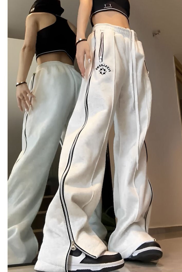 Side Zip Up Stretchy Waist Loose Sweatpants - fairypeony