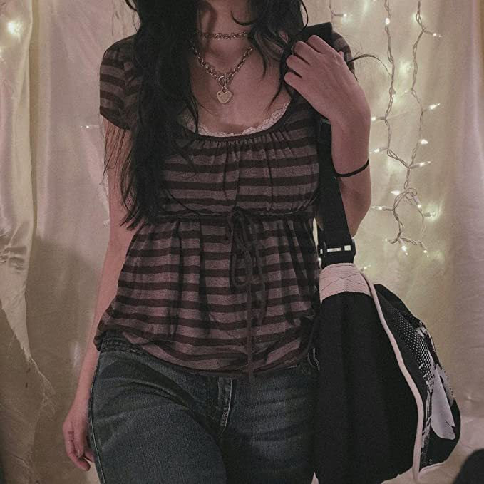 Striped U Neck Drawstring Short Sleeve Tee - fairypeony