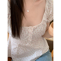 Solid Color Lace Trim Square-Neck Tee