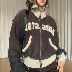 Patchwork Letters Zip Up Jacket - fairypeony