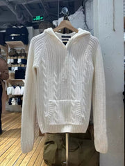 2000s Twisted Stripe Hooded Knit Sweater – Cable Knit Pullover in White One Size