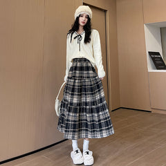 High-Waist A-Line Brushed Plaid Mid-Length Cake Skirt
