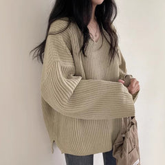 V-Neck Solid Color Loose Sweater