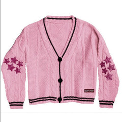 Oversize Star Embroidered Cable Knit Cardigan - fairypeony