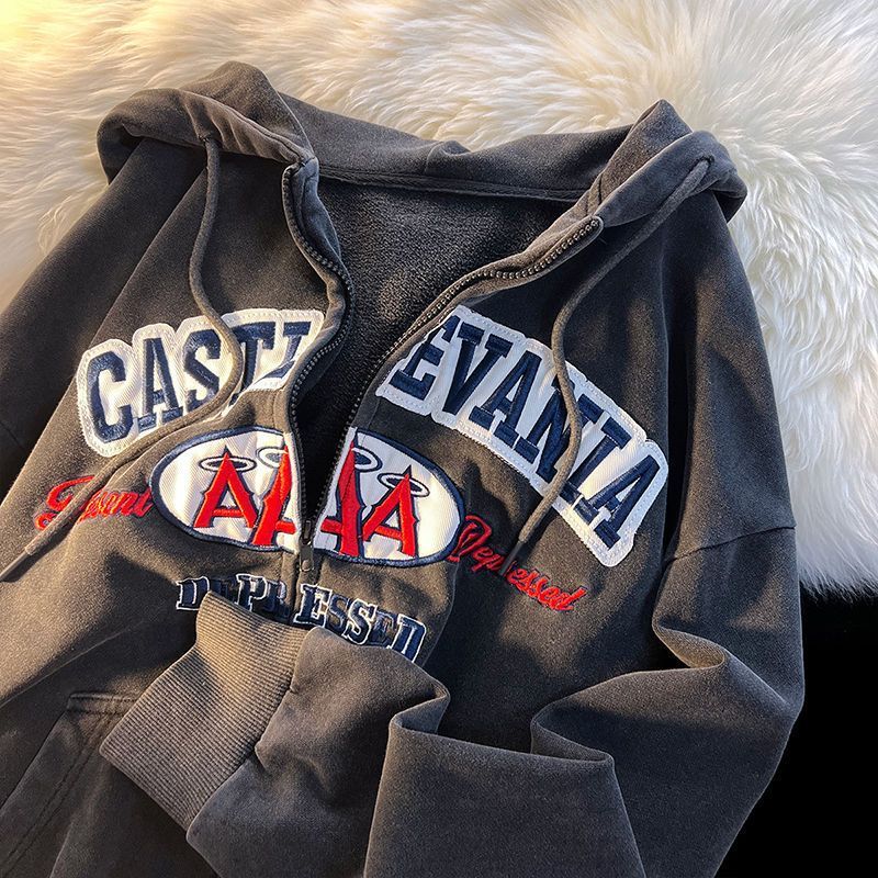 Vintage Letter Embroidery Zip Up Hoodie - fairypeony