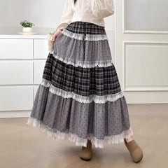 Plaid Lace Patchwork Midi A-Line Skirt – Mori Girl Elastic Waist Dress