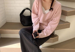 V-neck long sleeve loose knit sweater in Pink
