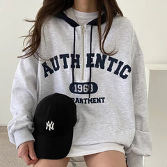 Vintage Letter Print Zipper Oversized Hoodie