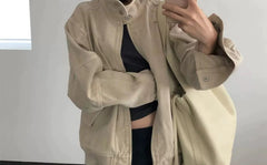Stand collar zipper cotton jacket in beige, front view