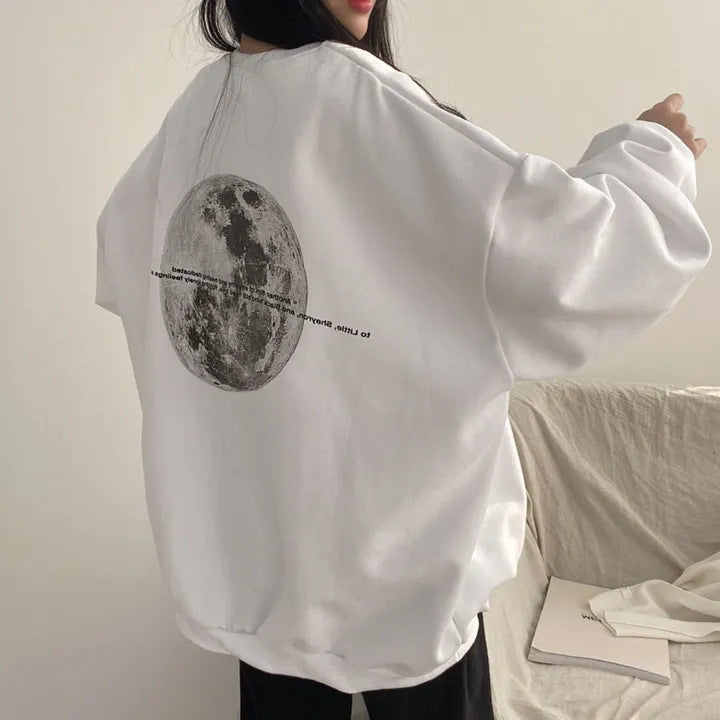 Vintage Back Moon Print Pullover Sweatshirt - fairypeony