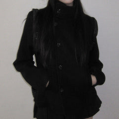Black Woolen Coat – Slim Fit Faux Fur Collar Asymmetric Feifei Sleeve Coat - fairypeony