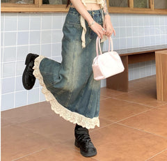 Vintage Lace Trim Maxi Denim Skirt