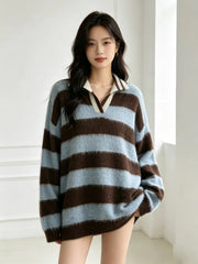Color-Blocked Striped Off-Shoulder Polo Neck Knitted Pullover Sweater