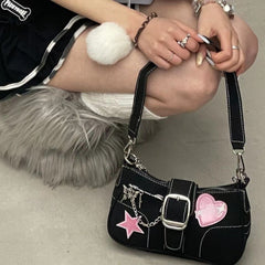 Butterfly Chain Detail Star Buckled Denim Shoulder Bag - fairypeony