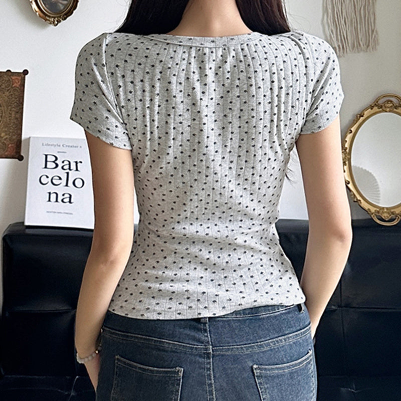 V-Neck Floral Striped Short Sleeve Tee - fairypeony