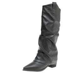Women Pointed Toe Knee High Boots Chunky Heel Wide Calf Pull-On Boots