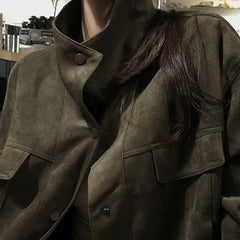 Stand collar loose suede-touch short jacket in military green, collar detail