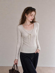Lace Trim Faux Two-Piece Slimming Long-Sleeve Knit Top