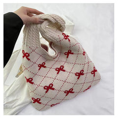 Bow Print Coquette Knitted Tote Bag