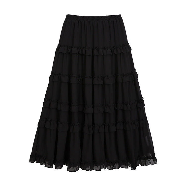 French Ruffled Flared Chiffon Maxi Skirt - fairypeony