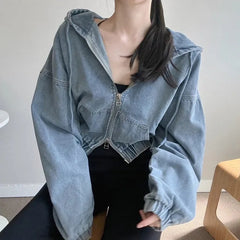 Vintage Denim Oversized Zip Up Hooded Jacket