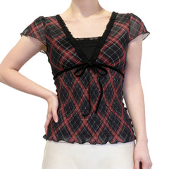 2000s Mesh Lace Trim V-Neck Top – Plaid Faux Two-Piece Smocked Ruffle Tee S–L