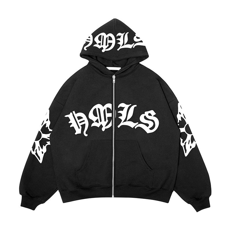Gothic Letter Graphic Zip Up Hoodie - fairypeony