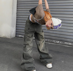 Hip Pop Low Waist Letter Print Boyfriend Jeans - fairypeony