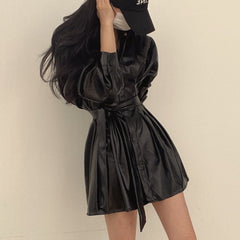 Single breasted Long Sleeve Pu Leather Coat
