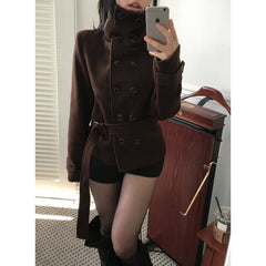 Slim Belt Double-Breasted Woolen Jacket – Belted Winter Coat