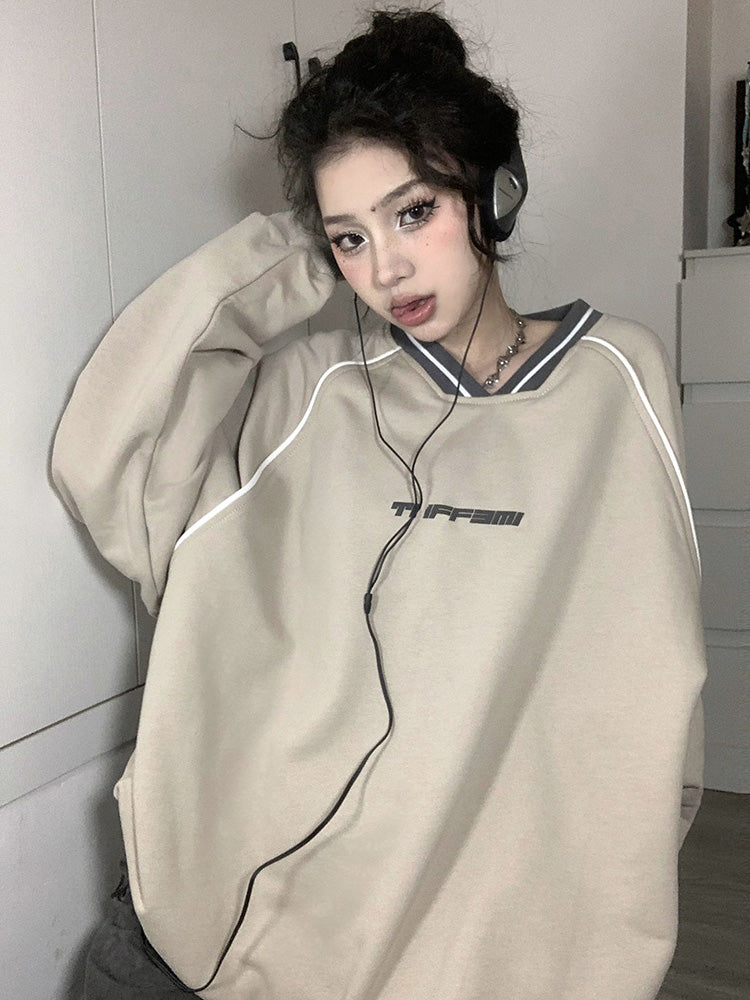 Print V Neck Patchwork Sweatshirt - fairypeony