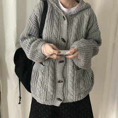 Oversized hooded cable knit cardigan in gray, front view