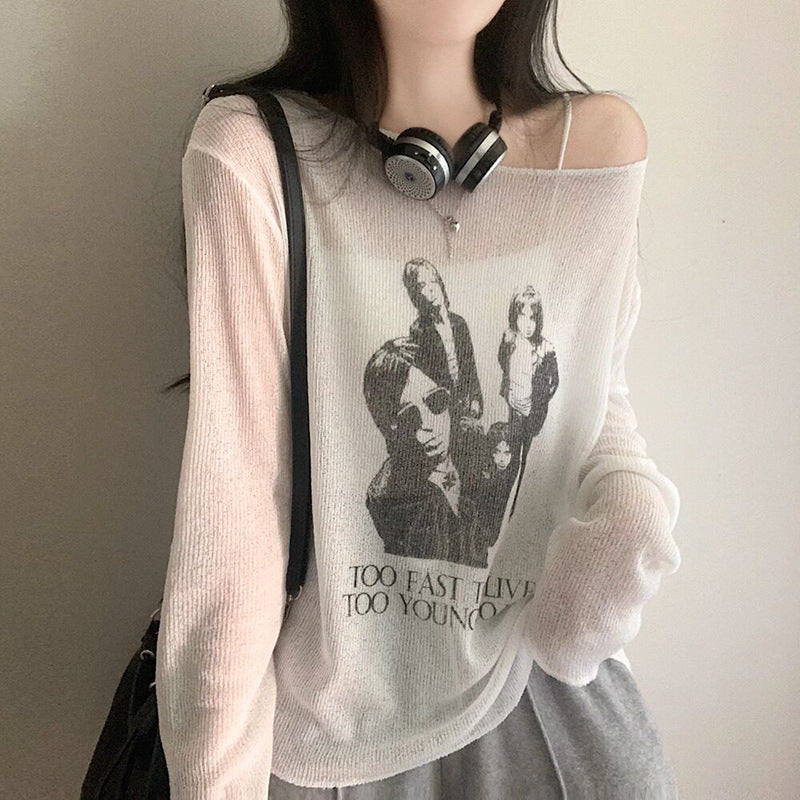 Thin Portrait Print Knit Top - fairypeony