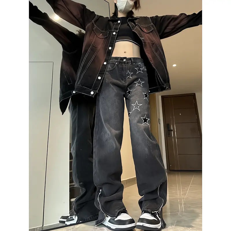 Vintage Hip Hop Star Embroidered Boyfriend Jeans - fairypeony