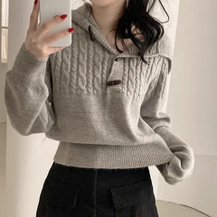 Cable Knit Horn Button Hooded Sweater