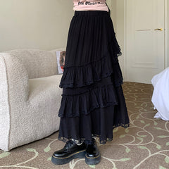 Solid Color Ruffled Fairy Lace Maxi Skirt