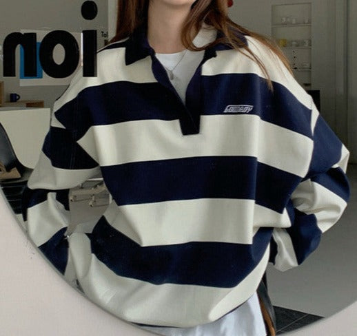 Vintage Polo Collar Striped Oversized Tee - fairypeony