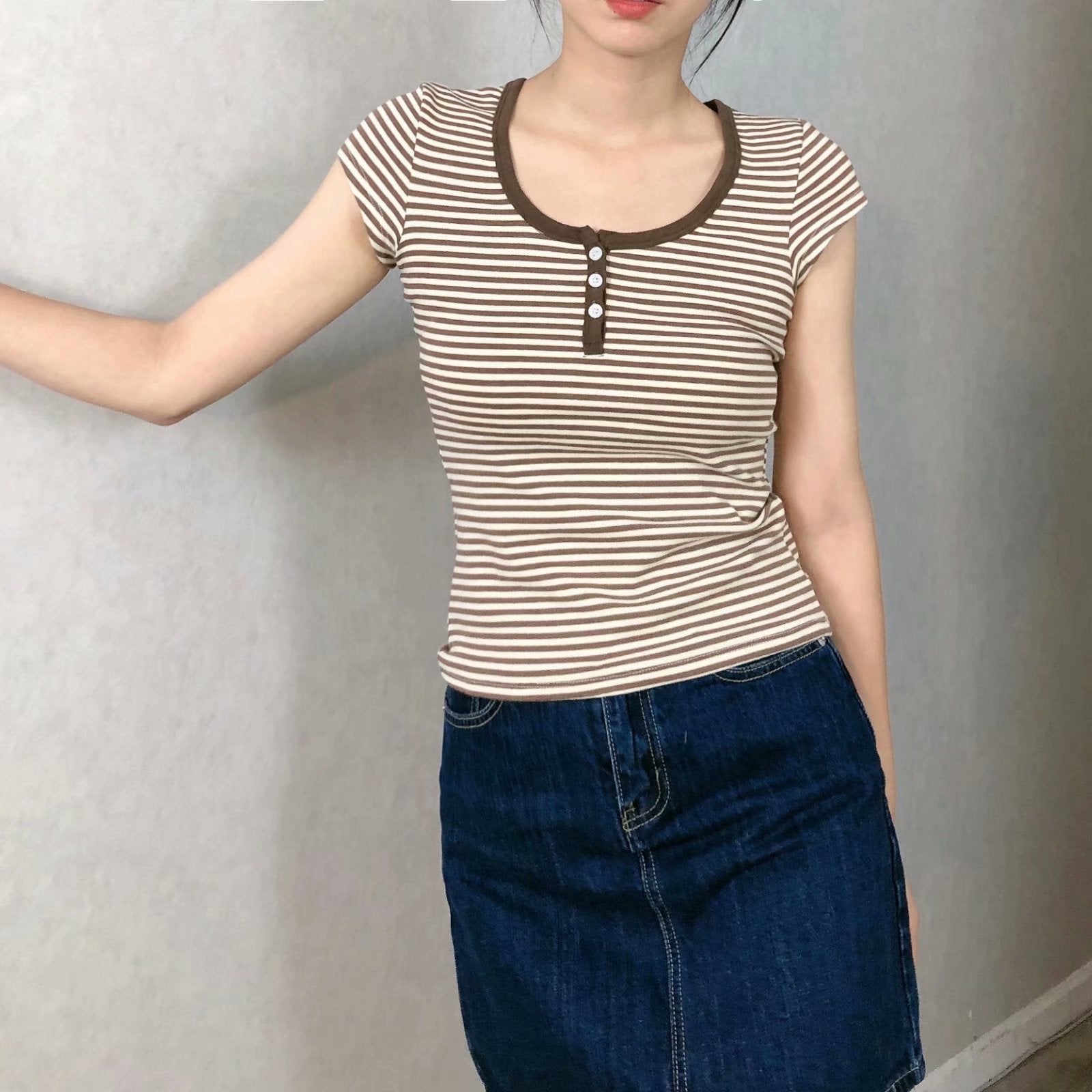 Vintage Striped Three button Slim T-shirt - fairypeony