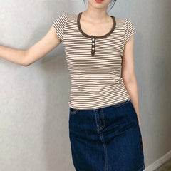 Vintage Striped Three button Slim T-shirt - fairypeony