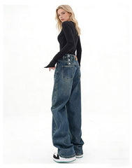 Vintage Washed Distressed Wide-Leg Jeans – High Waist Street Style Denim