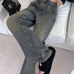 Vintage Faded Wash Straight Leg Boyfriend Jeans - fairypeony