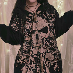 Skull Print Zip Up Oversized Hoodie - fairypeony