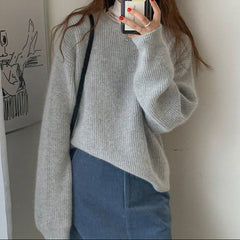 Korean Style Crewneck Knitted Sweater – Thick Loose Pullover in 3 Colours - fairypeony
