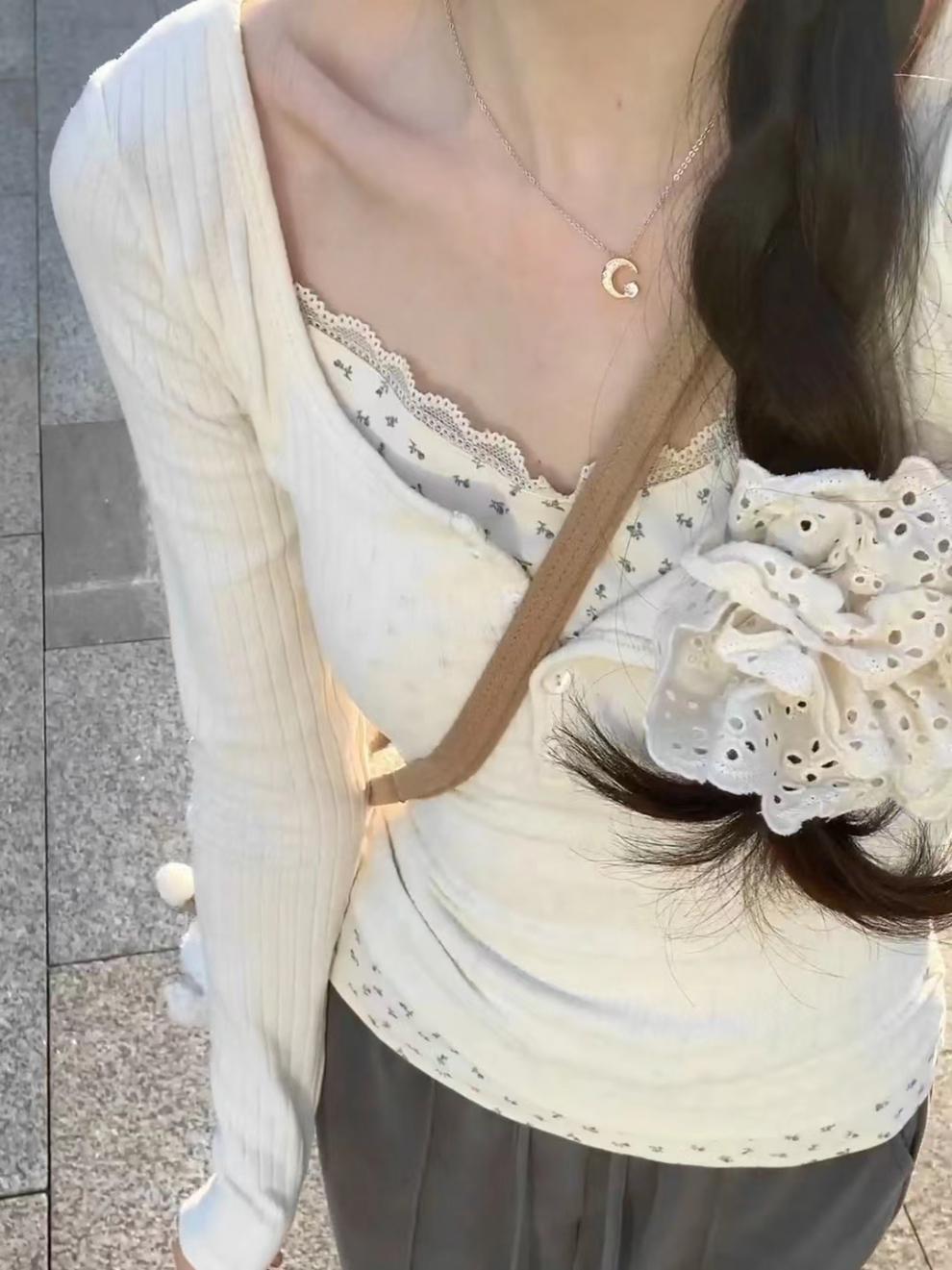Lace Trim Coquette Long Sleeve Patchwork Tee - fairypeony